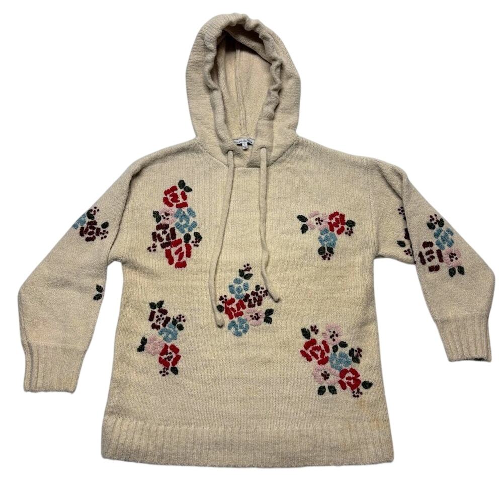 Floral Embroidered Hooded Sweater Cottagecore Boho Folk Wool Blend Knit Size S